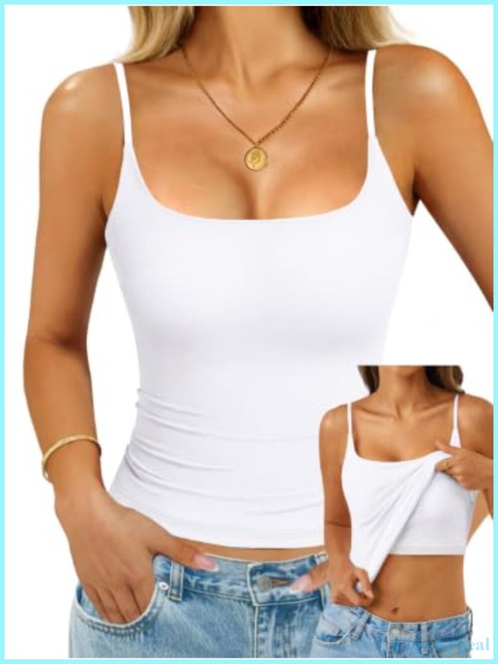 Womens Built in Bra Tank Top Cotton Double Lined Square Neck Cami Shirt